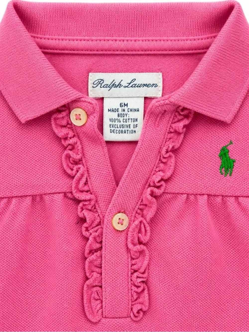 Ralph Lauren Pink Polo Romper with Green Pony Embroidery
